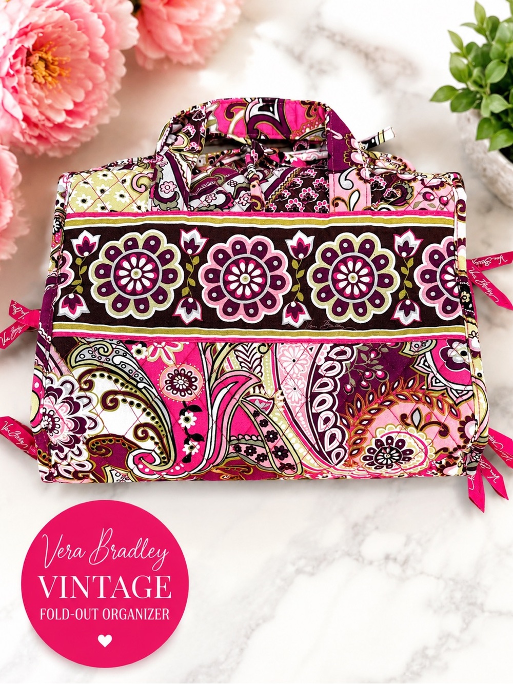 Vera Bradley Hanging Travel Organizer Cosmetic Bag Pink Paisley Fold-Out Case